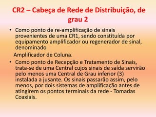 CR2 – Cabeça de Rede de Distribuição, de
grau 2
• Como ponto de re-amplificação de sinais
provenientes de uma CR1, sendo constituída por
equipamento amplificador ou regenerador de sinal,
denominado
Amplificador de Coluna.
• Como ponto de Recepção e Tratamento de Sinais,
trata-se de uma Central cujos sinais de saída servirão
pelo menos uma Central de Grau inferior (3)
instalada a jusante. Os sinais passarão assim, pelo
menos, por dois sistemas de amplificação antes de
atingirem os pontos terminais da rede - Tomadas
Coaxiais.
 