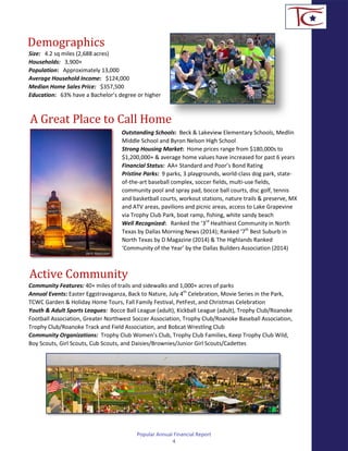 Demographics
A Great Place to Call Home
Active Community
Size: 4.2 sq miles (2,688 acres)
Households: 3,900+
Population: Approximately 13,000
Average Household Income: $124,000
Median Home Sales Price: $357,500
Education: 63% have a Bachelor’s degree or higher
Outstanding Schools: Beck & Lakeview Elementary Schools, Medlin
Middle School and Byron Nelson High School
Strong Housing Market: Home prices range from $180,000s to
$1,200,000+ & average home values have increased for past 6 years
Financial Status: AA+ Standard and Poor’s Bond Rating
Pristine Parks: 9 parks, 3 playgrounds, world-class dog park, state-
of-the-art baseball complex, soccer fields, multi-use fields,
community pool and spray pad, bocce ball courts, disc golf, tennis
and basketball courts, workout stations, nature trails & preserve, MX
and ATV areas, pavilions and picnic areas, access to Lake Grapevine
via Trophy Club Park, boat ramp, fishing, white sandy beach
Well Recognized: Ranked the ‘3rd
Healthiest Community in North
Texas by Dallas Morning News (2014); Ranked ‘7th
Best Suburb in
North Texas by D Magazine (2014) & The Highlands Ranked
‘Community of the Year’ by the Dallas Builders Association (2014)
Community Features: 40+ miles of trails and sidewalks and 1,000+ acres of parks
Annual Events: Easter Eggstravaganza, Back to Nature, July 4th
Celebration, Movie Series in the Park,
TCWC Garden & Holiday Home Tours, Fall Family Festival, PetFest, and Christmas Celebration
Youth & Adult Sports Leagues: Bocce Ball League (adult), Kickball League (adult), Trophy Club/Roanoke
Football Association, Greater Northwest Soccer Association, Trophy Club/Roanoke Baseball Association,
Trophy Club/Roanoke Track and Field Association, and Bobcat Wrestling Club
Community Organizations: Trophy Club Women’s Club, Trophy Club Families, Keep Trophy Club Wild,
Boy Scouts, Girl Scouts, Cub Scouts, and Daisies/Brownies/Junior Girl Scouts/Cadettes
Popular Annual Financial Report
4
 