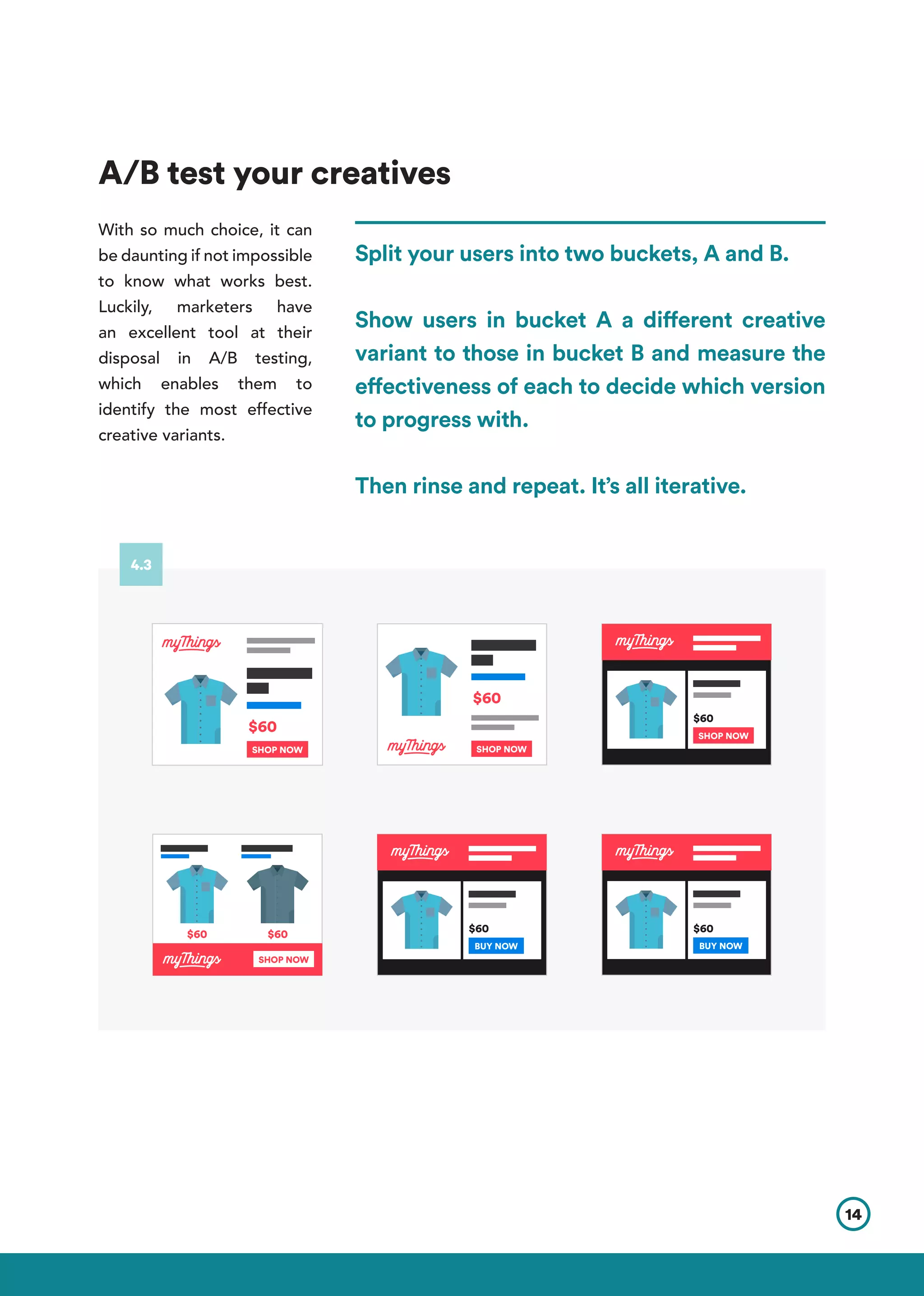 A/B test your creatives
With so much choice, it can
be daunting if not impossible
to know what works best.
Luckily, marketers have
an excellent tool at their
disposal in A/B testing,
which enables them to
identify the most effective
creative variants.
14
$60
SHOP NOW
$60
SHOP NOW
$60
SHOP NOW
$60$60 $60
SHOP NOW
$60
BUY NOW
$60
BUY NOW
4.3
Split your users into two buckets, A and B.
Show users in bucket A a different creative
variant to those in bucket B and measure the
effectiveness of each to decide which version
to progress with.
Then rinse and repeat. It’s all iterative.
 