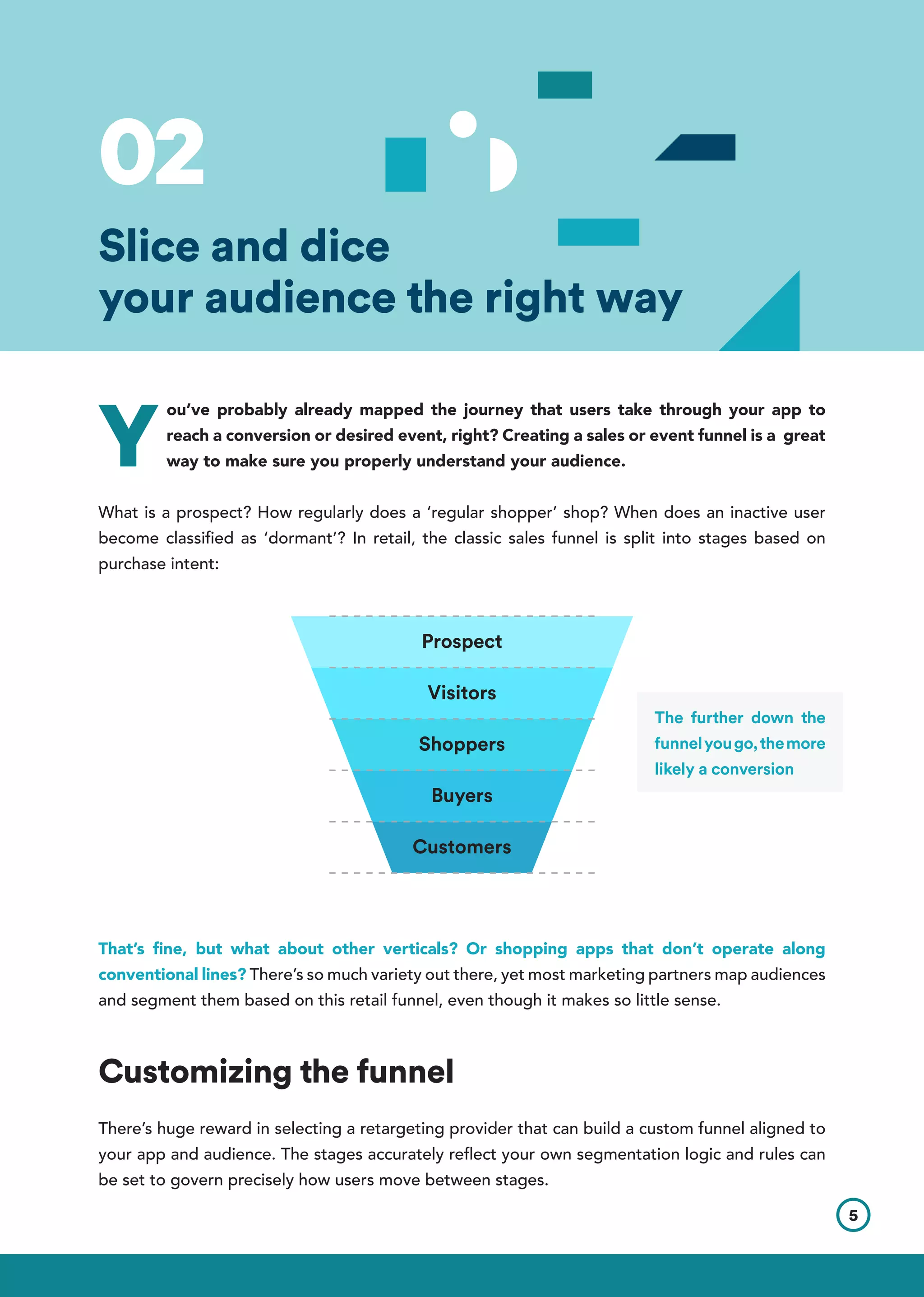 Y
ou’ve probably already mapped the journey that users take through your app to
reach a conversion or desired event, right? Creating a sales or event funnel is a great
way to make sure you properly understand your audience.
What is a prospect? How regularly does a ‘regular shopper’ shop? When does an inactive user
become classified as ‘dormant’? In retail, the classic sales funnel is split into stages based on
purchase intent:
That’s fine, but what about other verticals? Or shopping apps that don’t operate along
conventional lines? There’s so much variety out there, yet most marketing partners map audiences
and segment them based on this retail funnel, even though it makes so little sense.
Customizing the funnel
There’s huge reward in selecting a retargeting provider that can build a custom funnel aligned to
your app and audience. The stages accurately reflect your own segmentation logic and rules can
be set to govern precisely how users move between stages.
Prospect
Visitors
Shoppers
Buyers
Customers
5
Slice and dice
your audience the right way
02
The further down the
funnelyougo,themore
likely a conversion
 