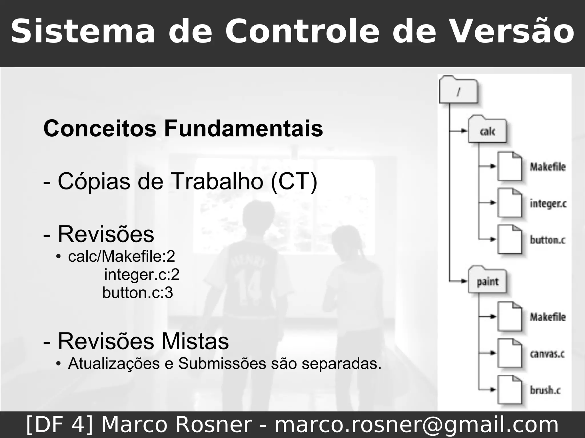 Sistema de Controle de Versão

 Conceitos Fundamentais

 - Cópias de Trabalho (CT)

 - Revisões
  ●   calc/Makefile:2
           integer.c:2
           button.c:3


 - Revisões Mistas
  ●   Atualizações e Submissões são separadas.


[DF 4] Marco Rosner - marco.rosner@gmail.com
 