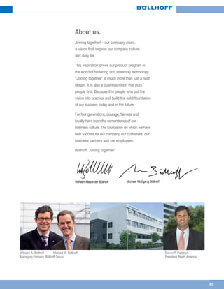 35
About us.
Joining together! – our company vision.
A vision that inspires our company culture
and daily life.
This inspiration drives our product program in
the world of fastening and assembly technology.
“Joining together” is much more than just a neat
slogan. It is also a business vision that puts
people first. Because it is people who put the
vision into practice and build the solid foundation
of our success today and in the future.
For four generations, courage, fairness and
loyalty have been the cornerstones of our
business culture. The foundation on which we have
built success for our company, our customers, our
business partners and our employees.
Böllhoff. Joining together!
Michael Wolfgang BöllhoffWilhelm Alexander Böllhoff
Wilhelm A. Böllhoff Michael W. Böllhoff Steven P. Paddock
Managing Partners, Böllhoff Group							 President, North America
 