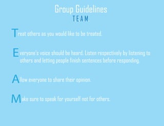 Group Guidelines
T.E.A.M.
reat others as you would like to be treated.
veryone’s voice should be heard. Listen respectively by listening to
others and letting people finish sentences before responding.
llow everyone to share their opinion.
ake sure to speak for yourself not for others.
T
E
A
M
 