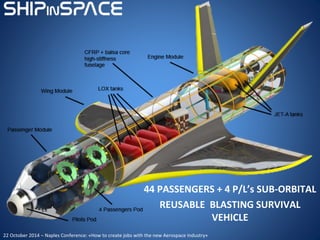 44 PASSENGERS + 4 P/L’s SUB-ORBITAL
REUSABLE BLASTING SURVIVAL
VEHICLE
22 October 2014 – Naples Conference: «How to create jobs with the new Aerospace Industry»
 