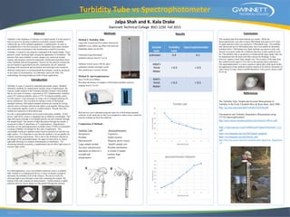 RESEARCH POSTER PRESENTATION DESIGN © 2015
www.PosterPresentations.com
Turbidity is the cloudiness or haziness of a liquid sample. For this project a
task was given to develop a method to accurately measure turbidity
without the use of the standard equipment, a nephelometer. In order to
accomplish this it was first necessary to understand what causes turbidity
and under what circumstances this measurement would be necessary.
Turbidity is caused by tiny particles suspended in the liquid sample. These
particles scatter incoming light, causing the appearance of cloudiness. The
particles that cause turbidity in water samples are varied and include
organic and inorganic chemical compounds, disinfectant byproducts from
water treatment and microorganisms. Sources for the particles include but
are not limited to agricultural run-off, construction run-off, industrial
discharge both intentional and accidental and municipal water treatment.
With this information it was determined that turbidity would be measured
in two types of circumstances, in a laboratory and in the field. The
methodology developed addresses both of these applications.
Abstract
Introduction
Method I: Turbidity Tube
Large tube constructed from plastic fluorescent
lightbulb cover, rubber cap filled with sand and
handmade plastic secchi disk .
Calibrated using McFarland
standard solutions from 0.5 to 6.0.
Tabletop version used a 100 mL glass
graduated cylinder and paper secchi
disk, pushed up to exterior bottom.
Method II: Spectrophotometer
Jasco V-630 set at 660nm.
Recorded absorbance of samples of McFarland standard solutions
ranging from 0.5 to 6.0
Both devices were calibrated using the same set of McFarland standard
solutions on the same day as they were prepared to reduce errors caused by
particles settling out from the solutions.
Comparison of Methods
Turbidity Tube Spectrophotometer
Inexpensive Expensive
Portable Stable location
Man-powered Requires power source
Large sample needed Smaller sample size
Accuracy and precision Possible interference
dependent on observer’s to results if sample
eyesight and contains large
interpretation particle
Methods
A calibration graph was created from each method. Determination of the
turbidity of the unknown sample was then calculated.
Results Conclusion
The resulting data from both methods are similar. While the
Spectrophotometer was able to detect McFarland units down to 0.5 units,
its upper detection limit was reached at 5 McFarland units. The turbidity
tube functioned up to 6 McFarland units, but it was unable do determine
turbidity below 1 McFarland unit. Both methods can function with a fair
amount of accuracy under the conditions that they would usually be used
for. The turbidity tube is inexpensive to build and the large plastic tube can
be transported into the field with little concern for breakage. It does,
however, require a fairly large sample size. The accuracy of the data from
this method would improve over time as the operator gains experience.
The spectrophotometer is a more expensive option that yields good results,
but application of this method would be limited in the field by proximity of
water source to areas where a mobile laboratory with a power source could
be set up.
References
The Turbidity Tube: Simple and Accurate Measurement of
Turbidity in the Field; Elizabeth Myre & Ryan Shaw, April 2006
http://cas.umn.edu/assets/pdf/Turbidity%20Tube.pdf
Chromaticity and Turbidity Quantitative Measurement using
UV/Vis Spectrophotometer
http://jasco-europe.businesscatalyst.com/assets/uv-0014-e.pdf
https://water.usgs.gov/owq/FieldManual/Chapter6/Section6.7_v2.1
.pdf
https://en.wikipedia.org/wiki/McFarland_standards
https://en.wikipedia.org/wiki/Secchi_disk
http://bcrc.bio.umass.edu/intro/manual/index.php/Gene_Regulation
_II
Turbidity in water is caused by suspended particulate matter. Standard
laboratory methods for measurement include using a Nephelometer, the
Jackson candle method or the Formazin turbidity method. Each method
has its own units of measure, expressed as NTU (Nephelometric turbidity
units) JTU (Jackson turbidity units) or FTU (Formazin turbidity units).
For this project, it was necessary to create a set of standard solutions for
device calibration. This was done by mixing a series of McFarland
standard solutions. McFarland standard solutions are created by mixing
specific ratios of barium chloride and sulfuric acid together. Mixing these
two compounds together results in a turbid solution. ‘Results from this
method are expressed in McFarland units.
In a lab, a spectrophotometer can be used to determine turbidity. In this
device, light from a source is separated into its different wavelengths. This
light then passes through a wavelength specific slit and continues through
the sample liquid. The amount of light that passes through the sample is
measured in either % absorbance or % transmittance. Manufacturer
literature for the spectrophotometer available (Jasco V-630) recommended
a setting of 660nm wavelength for this type of application. This
wavelength would give optimal results based on particle size and the way
light scatters. It is important to note that this method is not acceptable for
Federal reporting requirements. This is due to the limitations inherent to
the design of the spectrophotometer. Its angle of observation is a direct
light path allowing it to measure transmittance or absorbance. For
measuring turbidity accurately, a nephelometer has an offset light sensor to
measure light scatter.
In a field application, a low cost method commonly used is a turbidity
tube. Instead of a computerized device, it relies on human eyesight to
determine the turbidity level of the solution. This device works by
allowing light to pass through a clear tube containing the sample. The
bottom of the tube contains an optical pattern. Turbid solution is added
until the observer can no longer see this pattern through the solution.
Gwinnett Technical College BSCI 1230 Fall 2015
Jalpa Shah and K. Kala Drake
Turbidity Tube vs Spectrophotometer
0
10
20
30
40
50
60
0 1 2 3 4 5 6 7
mLofsample
McFarland Units
Turbidity tube
0
0.1
0.2
0.3
0.4
0.5
0.6
0.7
0.8
0 1 2 3 4 5 6 7
Absorbance
McFarland units
Spectrophotometer Calibration
Sample
type
Turbidity
tube
Spectrophotometer
unknown 4.4 4.1
Jalpa’s
Pond
Water
< 0.5 < 0.5
Kala’s
Pond
Water
< 0.5 < 0.5
 