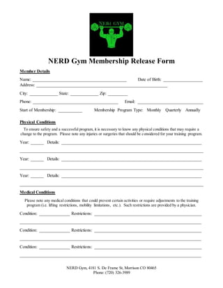 NERD Gym Membership Release Form