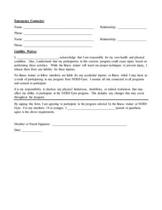 NERD Gym Membership Release Form