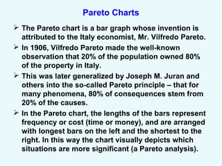 Pareto Charts
 The Pareto chart is a bar graph whose invention is
attributed to the Italy economist, Mr. Vilfredo Pareto.
 In 1906, Vilfredo Pareto made the well-known
observation that 20% of the population owned 80%
of the property in Italy.
 This was later generalized by Joseph M. Juran and
others into the so-called Pareto principle – that for
many phenomena, 80% of consequences stem from
20% of the causes.
 In the Pareto chart, the lengths of the bars represent
frequency or cost (time or money), and are arranged
with longest bars on the left and the shortest to the
right. In this way the chart visually depicts which
situations are more significant (a Pareto analysis).
 