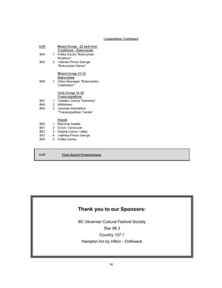 18
Thank you to our Sponsors:
BC Ukrainian Cultural Festival Society
Star 98.3
Country 107.1
Hampton Inn by Hilton - Chilliwack
 