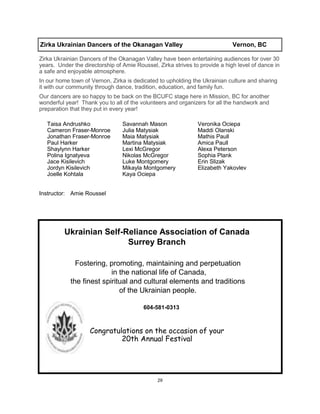 29
Zirka Ukrainian Dancers of the Okanagan Valley have been entertaining audiences for over 30
years. Under the directorship of Amie Roussel, Zirka strives to provide a high level of dance in
a safe and enjoyable atmosphere.
In our home town of Vernon, Zirka is dedicated to upholding the Ukrainian culture and sharing
it with our community through dance, tradition, education, and family fun.
Our dancers are so happy to be back on the BCUFC stage here in Mission, BC for another
wonderful year! Thank you to all of the volunteers and organizers for all the handwork and
preparation that they put in every year!
Instructor: Amie Roussel
Taisa Andrushko
Cameron Fraser-Monroe
Jonathan Fraser-Monroe
Paul Harker
Shaylynn Harker
Polina Ignatyeva
Jace Kisilevich
Jordyn Kisilevich
Joelle Kohtala
Savannah Mason
Julia Matysiak
Maia Matysiak
Martina Matysiak
Lexi McGregor
Nikolas McGregor
Luke Montgomery
Mikayla Montgomery
Kaya Ociepa
Veronika Ociepa
Maddi Olanski
Mathis Paull
Amica Paull
Alexa Peterson
Sophia Plank
Erin Slizak
Elizabeth Yakovlev
Ukrainian Self-Reliance Association of Canada
Surrey Branch
Fostering, promoting, maintaining and perpetuation
in the national life of Canada,
the finest spiritual and cultural elements and traditions
of the Ukrainian people.
604-581-0313
Congratulations on the occasion of your
20th Annual Festival
Zirka Ukrainian Dancers of the Okanagan Valley Vernon, BC
 