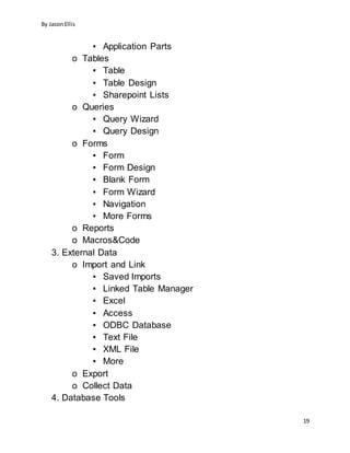 By JasonEllis
19
▪ Application Parts
o Tables
▪ Table
▪ Table Design
▪ Sharepoint Lists
o Queries
▪ Query Wizard
▪ Query Design
o Forms
▪ Form
▪ Form Design
▪ Blank Form
▪ Form Wizard
▪ Navigation
▪ More Forms
o Reports
o Macros&Code
3. External Data
o Import and Link
▪ Saved Imports
▪ Linked Table Manager
▪ Excel
▪ Access
▪ ODBC Database
▪ Text File
▪ XML File
▪ More
o Export
o Collect Data
4. Database Tools
 