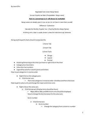 By JasonEllis
2
Negotiated Cost=(Cost=Range Name)
Annual Property tax Rate=(ProptaxRate= Range name)
Rate is a percentage so it will always be multiplied
Range names are already given to you so you do not have to name them yourself
Difference= Subtraction
Calculate the Monthly Property Tax= (PropTax/Months=Range Names)
Anything with a date is usually division unless the instructions say otherwise
Doinganythingwithchartsshouldincorporate the
1.Home Tab
2.Insert Tab
3.Chart Tools
● Design
● Layout
● Format
● AnythingPertainingtothe chart youhave to rightclickon the chart
● CategoryAxishasletters
● Value Axishasnumbers
● Legendhascolorful isbulletpointsandletters
How to putcategoriesinreverse order
● RightClickon the categoryaxis
o Clickformat axis
▪ Thenclickcategoriesinreverse order checkbox andthenclickclose
How to getto value unitsandchange the major and minorunits
● Rightclickon the value axis
o Clickformataxis(DisplayUnitsshouldbe there)
▪ Major,Minor,Max,andMinimumunitsshouldbe displayed
How to change the decimal place forthe value axis
Go to number
o Clickformataxis
o Go to number
▪ Change the categoryfrom customto number
 