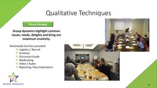 Qualitative Techniques
Focus Groups
Group dynamics highlight common
issues, needs, delights and bring out
maximum creativity.
Nationwide Services provided:
 Logistics / Recruit
 Screener
 Discussion Guide
 Moderating
 Video / Audio
 Reporting / Key Implications
5
 