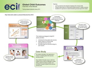 Global Child Outcomes
Overview of the Module
Training released statewide January 2014
Featuring:
•	 Learning objectives that integrate knowledge with on-the-job skills
•	 Frequent opportunities for review/recall & guided practice in realistic scenarios
•	 Guidelines for supervisors to extend the learning process beyond the module
Guided practice to
improve the quality of
outcome data
Activities promote
reflection & critical
thinking Customized
feedback based on
user’s decisions
Navigation allows
user to explore topics
and self-pace learning
Incorporates
input from the field to
address genuine on-the-job
challenges
This module was designed to help ECI
service providers:
1.	 Understand the three global child outcomes
2.	 Assess children for functional skills
associated with each outcome
3.	 Accurately assign and document ratings for
each outcome
The module culminates in the opportunity to
conduct a complete global child outcomes
summary process.
Given detailed information about a child from
multiple sources, staff are challenged to assign
ratings, explain the ratings to parents, and
accurately complete the global child outcomes
summary form.
Case Study
http://www.dars.state.tx.us/ecis/childoutcomes.shtml
 