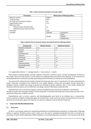 Kassa Belay and Mesay Sisay
ISSN : 2351-8014 Vol. 8 No. 1, Sep. 2014 95
Table 1: physico-chemical parameters of moringa oleifera
Parameters Whole plant of Moringa oleifera
Moisture content
Total ash value
PH of 1% w/v formulation solution
Saponification value
Refractive index
Ethanol extract refractive index
Methanol extract refractive index
Acid value
solubility
0.032%
96 %
6.5
37.4
17
7
3.94
Insoluble chloroform
Soluble
Water
Ethanol
Diethyl Ether
Table 2: phytochemical screening for ethanol and methanol extracts of Moringa oleifera
Components Ethanol extracts Methanol extracts
Phenolic compound +++ +++
Quinine ++ ++
Protein - -
Anthraquinone - -
Saponins ++ +
Flavonoids +++ +++
Coumarins ++ ++
Tannin +++ +++
Fixed oil and fats + +
Steroid-glycosides +++ +++
Alkaloids ++ ++
+++= appreciable amount, ++ = average amount, + = trace amount, - = absent
Plant products including phelolic, quinines, saponins, Flavonoids, coumarins, tannin, steroids and Alkaloids are found in
the sample. Fats and oil was found in a small amount but anthraquinones and protein were detected. So the presences of
these phytochemical constituents promote rapid healing and the formation of new tissues as discussed below.
The results of the phytochemical analyses showed that Flavonoids were more in quantity than the other phytochemicals
tested. Flavonoids, according to the research by may modify allergens, viruses and carcinogens thereby acting like a
biological response modifier and acting on bacteria by inhibiting its protein synthesis. Also, in vitro studies showed that
flavonoids could also posses anti-microbial [47], anti-allergic and anti-inflammatory properties [50].
Phytochemicals such as Coumarins, Saponins, Quinine and alkaloids were found to be moderate in concentration.
Steroids are used in the stimulation of bone marrow and growth. It stimulates lean body mass and also play vital roles in the
prevention of bone loss in elderly men [51].
Phytochemicals such as tannins, saponins, and Steroid-glycosides were found to be relatively low in concentration.
Tannins could be an effective ameliorative agent of the kidney [52]. Tannins have also shown to be potential anti-viral, anti-
bacterial and anti-parasitic agents [17]. Saponins are used as an adjuvant in the production of vaccines.
5 CONCLUSION AND RECOMMENDATIONS
5.1 CONCLUSION
As there is not enough evidence for detailed physicochemical and phytochemical evaluation on whole plant of Moringa
oleifera is reported. Therefore present work is taken up in the view to completely standardize the herb in accordance to
parameters of world health organization (WHO) Guidelines and standard laboratory procedures. In the present study whole
 