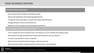 HGCONCEPT
IT Service Management | IT Asset Management | IT Service Operations | IT Process Automation 10
© 2016 HGConcept All Rights Reserved
ITAM BUSINESS DRIVERS
OPERATIONAL EFFICIENCY
Gain control of both Hardware and Software assets
Reduce the operational cost through leveraged buying
Provides accurate information on assets and related Legal Documents
Manage Software Licenses and entitlements
Reduce the cost of support by automating daily operations
GOVERNANCE, RISKS & COMPLIANCE
Track, manage and control valuable assets, and reduce the use of unauthorized software assets
Risk reduction through standardization, Proper documentation, and Loss detection
Increase accountability to ensure compliance
Make proactive and informational changes in the environments
Retire old assets off the corporate books for tax reductions, and compliance
 