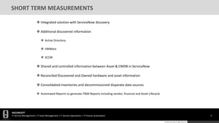 HGCONCEPT
IT Service Management | IT Asset Management | IT Service Operations | IT Process Automation 15
© 2016 HGConcept All Rights Reserved
SHORT TERM MEASUREMENTS
 Integrated solution with ServiceNow discovery
 Additional discovered information
 Active Directory
 VMWare
 SCCM
 Shared and controlled information between Asset & CMDB in ServiceNow
 Reconciled Discovered and Owned hardware and asset information
 Consolidated inventories and decommissioned disparate data sources
 Automated Reports to generate ITAM Reports including vendor, financial and Asset Lifecycle
 