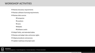 HGCONCEPT
IT Service Management | IT Asset Management | IT Service Operations | IT Process Automation 32
© 2016 HGConcept All Rights Reserved
WORKSHOP ACTIVITIES
 Review discovery requirements
 Review software licensing requirements
 Review data sources
Companies
Locations
Users
Models
Software assets
 Adapt Fields, and extended tables
 Review and adapt roles and access rights
 Adapt procedures and process
 Update roadmap and project plan
 