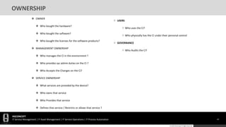 HGCONCEPT
IT Service Management | IT Asset Management | IT Service Operations | IT Process Automation 43
© 2016 HGConcept All Rights Reserved
OWNERSHIP
 OWNER
 Who bought the hardware?
 Who bought the software?
 Who bought the licenses for the software products?
 MANAGEMENT OWNERSHIP
 Who manages the CI in the environment ?
 Who provides sys admin duties on the CI ?
 Who Accepts the Changes on the CI?
 SERVICE OWNERSHIP
 What services are provided by the device?
 Who owns that service
 Who Provides that service
 Defines that service / Restricts or allows that service ? 43
 USERS
 Who uses the CI?
 Who physically has the CI under their personal control
 GOVERNANCE
 Who Audits the CI?
 