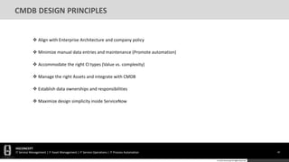 HGCONCEPT
IT Service Management | IT Asset Management | IT Service Operations | IT Process Automation 60
© 2016 HGConcept All Rights Reserved
CMDB DESIGN PRINCIPLES
 Align with Enterprise Architecture and company policy
 Minimize manual data entries and maintenance (Promote automation)
 Accommodate the right CI types (Value vs. complexity)
 Manage the right Assets and integrate with CMDB
 Establish data ownerships and responsibilities
 Maximize design simplicity inside ServiceNow
60
 