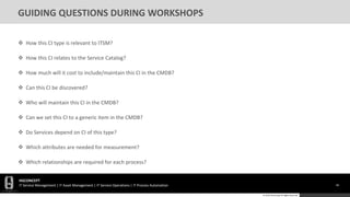HGCONCEPT
IT Service Management | IT Asset Management | IT Service Operations | IT Process Automation 66
© 2016 HGConcept All Rights Reserved
GUIDING QUESTIONS DURING WORKSHOPS
 How this CI type is relevant to ITSM?
 How this CI relates to the Service Catalog?
 How much will it cost to include/maintain this CI in the CMDB?
 Can this CI be discovered?
 Who will maintain this CI in the CMDB?
 Can we set this CI to a generic item in the CMDB?
 Do Services depend on CI of this type?
 Which attributes are needed for measurement?
 Which relationships are required for each process?
 
