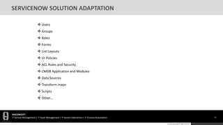 HGCONCEPT
IT Service Management | IT Asset Management | IT Service Operations | IT Process Automation 76
© 2016 HGConcept All Rights Reserved
SERVICENOW SOLUTION ADAPTATION
 Users
 Groups
 Roles
 Forms
 List Layouts
 UI Policies
 ACL Rules and Security
 CMDB Application and Modules
 Data Sources
 Transform maps
 Scripts
 Other…
 