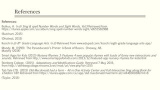 References
References:
Butkus, H. (n.d) Sing & spell Number Words and Sight Words, Vol.5 Retrieved from
https://itunes.apple.com/us/album/sing-spell-number-words-sight/id655582988
(Butchart, 2015)
(Dhaliwal, 2015)
Itooch (n.d) 8th Grade Language Arts. (n.d) Retrieved from www.edupad.com/itooch/eigth-grade-language-arts-app/
Moody, M. (1999). The Paraeducator’s Primer: A Book of Basics. Onoway, AB.
Murphy (2014)
Smart Apps for Kids (2013) Nursery Rhymes 3: Features 4 ever popular rhymes with loads of funny new interactions and
sounds. Retrieved from http://www.smartappsforkids.com/2013/12/featured-app-nursery-rhymes-for-kids.html
Stenberg College. (2015). Adaptations and Modifications Guide. Retrieved 7 May 2015,
from http://stenbergcollege.mrooms3.net/mod/url/view.php?id=1355
Tab Tale LTD. (2015) Old Macdonald had a farm – All in One Activity Center and Full Interactive Sing along Book for
Children: HD! Retrieved from https://itunes.apple.com/ca/app/old-macdonald-had-farm-all/id448301800?mt=8
(Taylor, 2015)
 