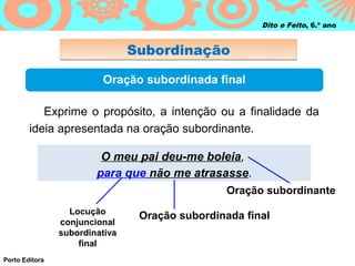 Dito e Feito, 6.º ano


                                Subordinação

                         Oração subordinada final

           Exprime o propósito, a intenção ou a finalidade da
        ideia apresentada na oração subordinante.

                         O meu pai deu-me boleia,
                        para que não me atrasasse.
                                                 Oração subordinante
                  Locução
                                 Oração subordinada final
                conjuncional
                subordinativa
                    final
Porto Editora
 