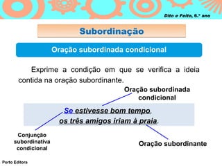 Dito e Feito, 6.º ano


                             Subordinação

                      Oração subordinada condicional

           Exprime a condição em que se verifica a ideia
        contida na oração subordinante.
                                         Oração subordinada
                                             condicional
                        Se estivesse bom tempo,
                       os três amigos iriam à praia.
       Conjunção
      subordinativa                           Oração subordinante
       condicional

Porto Editora
 