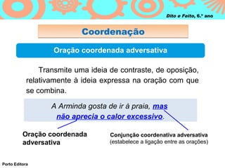Dito e Feito, 6.º ano


                            Coordenação

                   Oração coordenada adversativa

                Transmite uma ideia de contraste, de oposição,
            relativamente à ideia expressa na oração com que
            se combina.

                   A Arminda gosta de ir à praia, mas
                    não aprecia o calor excessivo.

          Oração coordenada         Conjunção coordenativa adversativa
          adversativa               (estabelece a ligação entre as orações)


Porto Editora
 