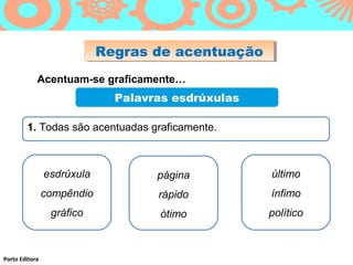 Regras de acentuação
                            Regras de acentuação
            Acentuam-se graficamente…
                              Palavras esdrúxulas

        1. Todas são acentuadas graficamente.



                esdrúxula           página          último
                compêndio           rápido          ínfimo
                 gráfico            ótimo           político



Porto Editora
 