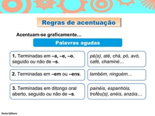 Regras de acentuação
                      Regras de acentuação
            Acentuam-se graficamente…
                            Palavras agudas

         1. Terminadas em –a, –e, –o,    pé(s), até, chá, pó, avó,
         seguido ou não de –s.           café, chaminé…

        2. Terminadas em –em ou –ens.    também, ninguém…


         3. Terminadas em ditongo oral   painéis, espanhóis,
         aberto, seguido ou não de –s.   troféu(s), anéis, anzóis…


Porto Editora
 