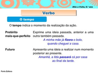 Dito e Feito, 6.º ano


                                Verbo
                                Verbo
                O tempo
         O tempo indica o momento da realização da ação.

    Pretérito         Exprime uma ideia passada, anterior a uma
    mais-que-perfeito outra também passada.
                              A minha mãe já fizera o bolo,
                                 quando cheguei a casa.
    Futuro               Apresenta uma ideia a realizar num momento
                         posterior ao presente.
                             Amanhã, a Ilda passará cá por casa
                                        ao final da tarde.


Porto Editora
 