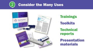Consider the Many Uses2
Trainings
Toolkits
Technical
reports
Presentation
materials
 