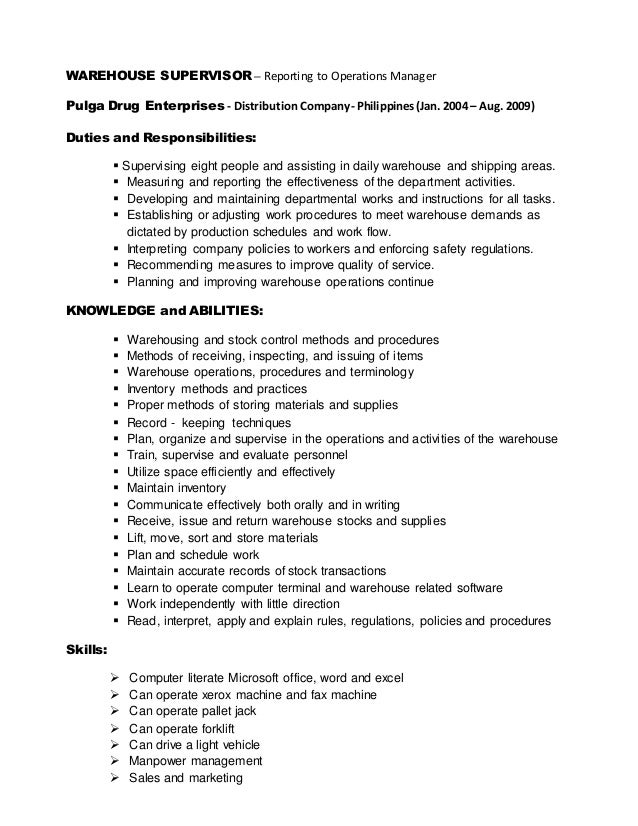 resume for warehouse supervisor