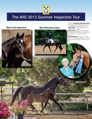  T H E A M E R I C A N H A N O V E R I A N
The AHS 2013 Summer Inspection Tour
(Clockwise) BROOKSIDE EQUESTRIAN CENTER -
Diane Beth Ziegler’s filly by San Amour out
of the Oldenburg mare Fatima/De Niro.
HILTON FARM - Otto R. Fuchs’ EMC Annie
(Antibes-EM Lucy/Letkiss).
HILTON FARM - Rigaudon BPF (Rubignon-
Florabunda MWF/Fuerst Von Feuer) bred by
Pat Limage, Va., and owned by Linda
Sommers.
SPIRIT EQUESTRIAN- Daphne LK, by Don
Frederico-SPS Wonne/Wolkentanz I and her
foal by Lortzing. Owned and bred by Louise
Koch.
CAROLEMACDONALD
PICSOFYOU.COM
PICSOFYOU.COM
REBECCANEFF
 