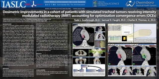 Dosimetric improvements in a cohort of patients with simulated tracheal tumors receiving intensity
modulated radiotherapy (IMRT) accounting for optimization convergence errors (OCEs)
Todd J. Scarbrough, M.D.*
; Samuel R. Faught, M.D.*
; Charles R. Thomas, Jr., M.D.†*
OMHSMitchellMemorialCancerCenter,Dept.ofRadiationOncology,Owensboro,Kentucky,USA
†
OregonHealth&ScienceUniversity,Dept.ofRadiationMedicine,Portland,Oregon,USA
OMHS Mitchell Memorial Cancer Center
1020 Breckenridge Street, Owensboro, Kentucky 42303 USA
email: scarbrtj@gmail.com
phone: 1 270-231-6269
BACKGROUND
In many commercially available treatment planning systems
(TPSs), when planning IMRT, the fluence optimization process
uses a different algorithm than the actual dose calculation work-
space. In the Eclipse™ treatment planning system (v8.9.09.18617,
Varian Medical Systems, Palo Alto, CA, USA), for static field IMRT,
the fluence optimization algorithm used is dose volume opti-
mizer (DVO) v8.9.08. Of the calculation algorithms available in
Eclipse, there is evidence that the analytical anisotropic algo-
rithm (AAA v8.9.08) is significantly more accurate in predicting
delivered dose in most clinical situations, especially air/tissue in-
terface scenarios as encountered in lung or tracheal carcinoma
cases. However, the discrepancy in the DVO and AAA calcula-
tion algorithms induces optimization convergence errors (OCEs)
whichareespeciallynoticeableintheTPSintheseparticularclini-
calsituations:dosesbecomesignificantlyinhomogenouswithin
targets such that plans must be normalized to very low isodose
lines in turn inducing unwanted high target inhomogeneities
and/or hot spots in the plan. Zacarias and Mills (J Appl Clin Med
Phys, 10:3061, 2009) have devised a fluence summing method to
correct for OCEs in the Eclipse™ TPS by forcing the DVO to look
at calculated AAA results. We selected a non-random cohort of
10patientsfromourinstitutionforthistreatmentplanningstudy
and created, within the TPS, simulated tissue masses (using the
assign CT number function to voxels in the Eclipse™ TPS) within
the mid-trachea 3 cm in longitudinal dimension and having AP
and lateral dimensions equal to half the diameter of the trachea.
We then performed IMRT plans on these simulated masses with
or without OCE corrections, and recorded the results.
METHODS
ThemasseswerecreatedasaboveandconstitutedtheCTVwith-
in the simulated plans on 10 patients who had previously been
scannedandtreatedinthedepartmentforthoracicmalignancies
(andweredeceased);thesepatientspreviousscansservedasthe
planning phantoms for this study. A 5 mm isotropic margin was
added to the CTVs to create PTVs within the plans. The median
CTV volume was 4.5 ccs; PTV volume, 17.8 ccs. A nine-field equal-
lyspacedcoplanarstaticfieldbeamarrangementwasemployed
using dMLCs, 600MU/min dose rate. The PTV was optimized to
receive 100% of the Rx dose (60 Gy/30 fx). The maximum plan in-
homogeneity at optimization was set to be 62 Gy. A smoothing
factor of 20/20 X/Y was used for optimization. No other optimi-
zationparameterswereutilized.Eclipse™ DVOv8.9.08wasused
foroptimization.Afterinitialoptimization,planswerecalculated
using Eclipse™ AAA v8.9.08 (Plan 1). All plans were normalized
such that 95% of the PTV received 100% of the Rx dose or more.
PTVminimum,medianandmaximumdoseswererecorded,and
PTV conformity indices (CIs) calculated. Next, each Plan 1 was
re-optimized and re-calculated (again using AAA) to correct for
OCEs using the method and tools of Zacarias and Mills (Plan 2).
A smoothing factor of 0/0 X/Y was used for OCE-corrected opti-
mization.PTVminimum,medianandmaximumdoses,andPTV
CIs, were recorded for each Plan 2. Plan metrics were compared
using the Mann-Whitney test.
RESULTS
Plan 1 non-OCE and Plan 2 OCE-corrected plans differed signifi-
cantly. PTV minimum dose differed for Plan 1 vs 2 (median 56.5
Gy vs 58.3 Gy, p=0.0004). PTV median dose differed for Plan 1 vs
2 (median 62.6 Gy vs 60.7 Gy, p=0.0002). PTV maximum dose dif-
feredforPlan1vs2(67.4Gyvs62.2Gy,p=0.0002).TheCIdiffered
for Plan 1 vs 2 (median 1.77 vs 1.67, p=0.0002). Plan 1 calculations
revealedsignificantlymoretargetinhomogeneity(median112%)
than Plan 2 calculations (median 104%), normalizing 95% of the
PTV volumes to receive 60 Gy Rx dose or more.
CONCLUSIONS
Correcting for OCEs in this simulated group of patients with in-
traluminal tracheal tumors resulted in significantly more confor-
mal and homogenous plans.
contour as usual:
normal structures,
CTVs, PTVs, etc.
initial optimization:
PLAN_base
Re-optimize using
PLAN_base as a base dose
plan:
PLAN_dosecorr
sum plans:
1)convertfluencesto.txtfiles
dcm2Ascii.exe(onC:drive)
2)sumfluencesinMicrosoftExcel
http://tinyurl.com/imrt-oce
3)importnewsummedfluencesinto
eachnewfield
PLAN_final
Normalize as usual; if final
plan is unacceptable,
repeat re-optimization
contour as usual:
normal structures,
CTVs, PTVs, etc.
initial optimization:
PLAN_base
Re-optimize using
PLAN_base as a base dose
plan:
PLAN_dosecorr
sum plans:
1)convertfluencesto.txtfiles
dcm2Ascii.exe(onC:drive)
2)sumfluencesinMicrosoftExcel
http://tinyurl.com/imrt-oce
3)importnewsummedfluencesinto
eachnewfield
PLAN_final
Normalize as usual; if final
plan is unacceptable,
repeat re-optimization
FIGURE 3. Correcting for OCEs. An initial plan is optimized & calculated in Eclipse. Next, a second plan using the initial plan as a
base dose plan is optimized and calculated. The two plans’ fluences are summed beam-by-beam using the simple software pro-
grams outlined above. The summed fluences are imported back into Eclipse, replacing the initial fluences from the initial plans.
This plan is calculated, and then normalized per the planner’s specifications. The resultant plan usually results in significantly bet-
ter homogeneity and overall PTV coverage.
FIGURE 2. Nine-field, coplanar, equispaced beam arrangement as used for all plans.
FIGURE 1. Simulated tracheal tumor (the clinical target volume, CTV) created to occupy ½ the tracheal
lumen, and an inferior-superior extent of 3 cm. The CTV was assigned zero Hounsfield units. A margin
of 5 mm was added to create the planning target volume (PTV), which was the optimization target.
FIGURE 4. Optimization parameters for “PLAN_base” as outlined in the METHODS section.
FIGURE 5. The fluence patterns for each plan, as created by the optimization algorithm,
are converted to numerical text format (and individual “.txt” files) by the dcm2ascii.exe
program. The .txt files are then loaded into a custom-designed Microsoft Excel macro
(http://tinyurl.com/imrt-oce); this yields new summed fluences which are then loaded
back into the Eclipse treatment planning software. For most situations, only a single
dose-correction plan is necessary to yield desired calculated plan results.
Plan inhomogeneity max: 62 Gy
PTV prescription: 60 Gy
ForPLAN_dosecorr,PLAN_baseis
selected as a base dose plan, and
0/0 smoothing is set, as well.
PLAN_base PLAN_final
The majority of the PTV is cov-
ered by ≥105% of the pre-
scribed dose due to opti-
mization convergence
errors generated by
the DVO algorithm.
The PTV has a maxi-
mum dose inhomo-
geneity of 11.7%.
This could be clini-
cally significant
depending on
PTV overlap into
critical structures.
For PLAN_final, only a small pro-
portion of the PTV volume is re-
ceiving ≥103.5% of the dose and
the maximum inhomogeneity in
the PTV is only 4.7%. Furthermore,
less monitor units will be used in
PLAN_final vs. PLAN_base, which re-
sults in slightly faster treatment times and
slightly less scatter dose to the patient.
FIGURE 6. Correcting for OCEs generates plans which result in significantly less target inhomogeneity and significantly better overall dose conformity.
Air/tissue interfaces
(or high density/low
density interfaces)
are regions in the
body where radia-
tion dose absorption
changes rapidly. The
anisotropic analytic al-
gorithm (AAA) models
this reasonably well, and
is a dose calculation al-
gorithm available in the
Eclipse treatment planning
system. However, the optimi-
zation algorithm for static field
IMRT (dose volume optimizer,
DVO) does not model this dose
phenomenon as well as AAA. Yet
AAA uses the fluences created by
the DVO.
We can “correct”
the relative DVO
error by running
second plans
using AAA cal-
culation of the
first plan as a
basedoseplan.
Then, we sum
the fluences of
each beam from
each plan togeth-
er, and re-calculate
thenewplanusingAAA.
“problem”
areas
 