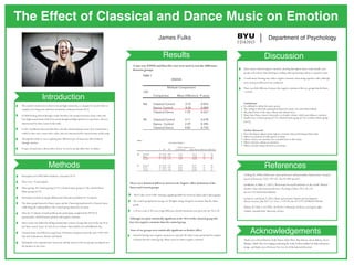 The Effect of Classical and Dance Music on Emotion
James Fulks
We consider emotions to be short term and high in intensity, as compared to mood which we
consider to be long term and lower in intensity (Lamont & Eerola 2011).
In 2008 Delsing showed through a study that those who preferred intense music with a fast
beat (high arousal music) had lower moral thought and high openness to experience, this was
characterized by dance music in this study.
In 2011 Gardikiotis discoverd that those who like classical and jazz music (low arousal music)
tended to have more conservative values, this was characterized by classical music in this study.
Through this study we were exploring how different types of music may affect behavior
through emotion.
If types of music have a direct effect on how we feel it can also affect how we behave.
A one-way ANOVA and Post Hoc test were used to test the difference
between groups.
There was a Statistical difference between the Negative Affect (Emotion) of the
Dance and Control groups.
Although not quite statistically significant at the .05 level the classical group did
have less negative emotions than the control group.
The P-value is low 0.004, showing a significant difference between Dance and Control groups
The control group had on average a 4.30 higher rating of negative emotions, than the dance
group.
4.30 on a scale of 50 is not a huge difference, but the maximum score given for any NA is 30.
None of our groups were statistically significant on Positive Affect
Instead of having more negative emotions as expected, the dance music group had less negative
emotions than the control group. Music seems to reduce negative emotions.
Participants were BYU-Idaho Students, Caucasians 18-25.
There were 57 participants.
Three groups, the Control group (n=17), Classical music group (n=18), and the Dance
Music group (n=22).
Participants worked on simple addition and subtraction problems for 15 minutes.
The dance group listened to Dance music and the Classical group listened to Classical music
while doing the math problems.The Control group listened to no music.
After the 15 minutes of math problems the participants completed the PANAS-X
questionnaire, which measures positive and negative emotions.
Dance music was defined by taking instrumental versions of songs that were in the top 30 in
the “dance/party” genre on each of two websites: dancetop40.com and billboard.com.
Classical music was defined as songs from well-known composers from the years 1750-1830
AD, such as Beethoven, Mozart and Haydn.
Participants were separated into classrooms and the music for the two groups was played over
the speakers in the room.
 Delsing, M. (2008),Adolescents’ music preferences and personality characteristics. European
Journal of Personality, 22(2), 109-130. doi:10.1002/per.665. 
 
Gardikiotis,A; Baltiz,A. (2011),‘Rock music for myself and justice to the world!: Musical
identity, values and musical preferences. Psychology of Music, 2012, 40, 143.
doi:10.1177/0305735610386836
 
Lamont,A. and Eerola,T. (2011) Music and emotion:Themes and development.
Musicae Scientiae, July 2011 vol. 15 no. 2 139-145; doi:10.1177/1029864911403366
 
Watson, D; Clark, L.A (1994). The PANAS-X:Manual for the Positive and Negative Affect
Schedule- Expanded Form. University of Iowa.
Thank you to Devin Marrott, Kelly Sutton,Taylor Ririe, Ben Duncan, Devin Malone, Kevin
Murphy, NikoleAlyes for helping conducting the study,To Brett Jenkins for help with poster
design, and thank you to Professor Eric Gee for all his help and direction!
Dance music reduced negative emotions, showing that upbeat music could actually cause
people to feel better than listening to nothing while performing tedious or repetitive tasks.
Overall music listening may reduce negative emotions when doing repetitive tasks, although
more testing would need to be conducted.
There was little difference between the negative emotions of the two groups that did listen
to music.
Limitations:
It is difficult to define the music genres.
The setting in which the participants listened to music was somewhat artificial.
We played music at the same volume and without lyrics.
Many times Dance music is listened to at a louder volume, which may influence emotion.
Small n sizes, Control group (n=17), Classical music group (n=18), & Dance Music group
(n=22).
Further Research:
Does listening to upbeat music improve emotion when performing tedious tasks.
Effects on emotions of other genres of music
Effects of lyrics on emotions (we excluded lyrics in this study).
Effects of music volume on emotions.
Effects of music tempo and beat on emotions.
Results Discussion
References
Acknowledgements
Introduction
Methods
Department of Psychology
!"#$%&'
LSD
Comparison Mean Difference P-value
NA Classical-Control -2.72 0.076
Dance- Control -4.30 0.004
Classical-Dance 1.59 0.267
PA Classical-Control 3.11 0.270
Dance - Control 2.29 0.395
Classical-Dance 0.83 0.754
Multiple Comparisons
ANOVA
!"#$%&'
n M SD Lower Bound Upper Bound Minimum Maximum
NA Classical 18 14.22 3.83 12.32 16.13 10 24
Dance 22 12.64 2.13 11.69 13.58 10 18
Control 17 16.94 6.72 13.49 20.40 10 30
PA Classical 18 31.06 7.47 27.34 34.77 19 44
Dance 22 30.23 9.04 26.22 34.24 14 55
Control 17 27.94 7.90 23.83 32.05 15 41
Descriptive Statistics
95% Confidence Level
 
