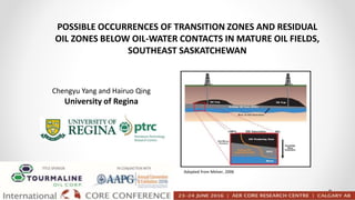 POSSIBLE OCCURRENCES OF TRANSITION ZONES AND RESIDUAL
OIL ZONES BELOW OIL-WATER CONTACTS IN MATURE OIL FIELDS,
SOUTHEAST SASKATCHEWAN
Chengyu Yang and Hairuo Qing
University of Regina
Adopted from Melzer, 2006
 