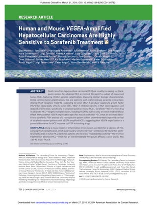 730 | CANCER DISCOVERY JUNE 2014 www.aacrjournals.org
RESEARCH ARTICLE
Human and Mouse VEGFA-Ampliﬁed
Hepatocellular Carcinomas Are Highly
Sensitive to Sorafenib Treatment
Elad Horwitz1
, Ilan Stein1,3
, Mariacarla Andreozzi5
, Julia Nemeth6
, Avivit Shoham1
, Orit Pappo3
,
Nora Schweitzer12
, Luigi Tornillo5
, Naama Kanarek1
, Luca Quagliata5
, Farid Zreik3
, Rinnat M. Porat3
,
Rutie Finkelstein3
, Hendrik Reuter7
, Ronald Koschny11
, Tom Ganten11
, Carolin Mogler9
,
Oren Shibolet4
, Jochen Hess6,8,10
, Kai Breuhahn9
, Myriam Grunewald2
, Peter Schirmacher9
,
Arndt Vogel12
, Luigi Terracciano5
, Peter Angel6
, Yinon Ben-Neriah1
, and Eli Pikarsky1,3
ABSTRACT Death rates from hepatocellular carcinoma (HCC) are steadily increasing, yet thera-
peutic options for advanced HCC are limited. We identify a subset of mouse and
human HCCs harboring VEGFA genomic ampliﬁcation, displaying distinct biologic characteristics.
Unlike common tumor ampliﬁcations, this one seems to work via heterotypic paracrine interactions;
stromal VEGF receptors (VEGFR), responding to tumor VEGF-A, produce hepatocyte growth factor
(HGF) that reciprocally affects tumor cells. VEGF-A inhibition results in HGF downregulation and
reduced proliferation, speciﬁcally in amplicon-positive mouse HCCs. Sorafenib—the ﬁrst-line drug
in advanced HCC—targets multiple kinases, including VEGFRs, but has only an overall mild beneﬁcial
effect. We found that VEGFA ampliﬁcation speciﬁes mouse and human HCCs that are distinctly sensi-
tive to sorafenib. FISH analysis of a retrospective patient cohort showed markedly improved survival
of sorafenib-treated patients with VEGFA-ampliﬁed HCCs, suggesting that VEGFA ampliﬁcation is a
potential biomarker for HCC response to VEGF-A–blocking drugs.
SIGNIFICANCE: Using a mouse model of inﬂammation-driven cancer, we identiﬁed a subclass of HCC
carrying VEGFA ampliﬁcation, which is particularly sensitive toVEGF-A inhibition.We found that a simi-
lar ampliﬁcation in human HCC identiﬁes patients who favorably responded to sorafenib—the ﬁrst-line
treatment of advanced HCC—which has an overall moderate therapeutic efﬁcacy. Cancer Discov; 4(6);
730–43. ©2014 AACR.
See related commentary by Luo and Feng, p. 640.
Authors’ Afﬁliations: 1
The Lautenberg Center for Immunology; 2
Depart-
ment of Developmental Biology and Cancer Research, IMRIC, Hadassah
Medical School, Hebrew University; 3
Department of Pathology, Hadassah-
Hebrew University Medical Center, Jerusalem; 4
Liver Unit, Tel Aviv Sour-
asky Medical Center, Tel Aviv, Israel; 5
Institute of Pathology, University
Hospital Basel, Basel, Switzerland; 6
Division of Signal Transduction and
Growth Control (A100), 7
Division of Molecular Genetics (B060), and 8
Jun-
ior Group Molecular Mechanisms of Head and Neck Tumors (A102), Ger-
man Cancer Research Center (DKFZ), DKFZ-ZMBH Alliance; 9
Institute of
Pathology, University Hospital Heidelberg; Departments of 10
Otolaryngol-
ogy, Head and Neck Surgery and 11
Internal Medicine, University Hospital
Heidelberg, Heidelberg; and 12
Department of Gastroenterology, Hepatology
and Endocrinology, Hannover Medical School, Hannover, Germany
Note: Supplementary data for this article are available at Cancer Discovery
Online (http://cancerdiscovery.aacrjournals.org/).
Corresponding Authors: Eli Pikarsky, The Lautenberg Center for Immunol-
ogy, IMRIC, Hadassah Medical School, Hebrew University, Kiryat Hadas-
sah, P.O.B. 12272, Jerusalem 91120, Israel. Phone: 972-2-675-8202; Fax:
972-2-642-6268; E-mail: peli@hadassah.org.il; and Yinon Ben-Neriah,
The Lautenberg Center for Immunology, IMRIC, Hadassah Medical School,
Hebrew University, Kiryat Hadassah, P.O.B. 12272, Jerusalem 91120,
Israel. Phone: 972-2-675-8718; E-mail: yinonb@ekmd.huji.ac.il
doi: 10.1158/2159-8290.CD-13-0782
©2014 American Association for Cancer Research.
on March 27, 2016. © 2014 American Association for Cancer Research.cancerdiscovery.aacrjournals.orgDownloaded from
Published OnlineFirst March 31, 2014; DOI: 10.1158/2159-8290.CD-13-0782
 