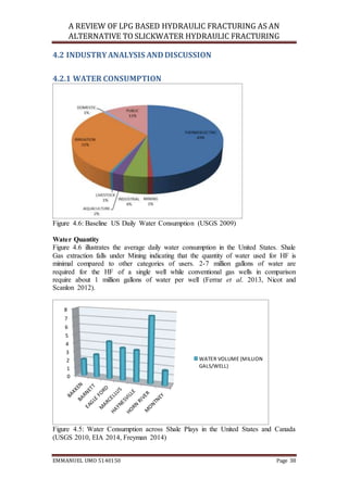 A REVIEW OF LPG BASED HYDRAULIC FRACTURING AS AN
ALTERNATIVE TO SLICKWATER HYDRAULIC FRACTURING
EMMANUEL UMO 5140150 Page 38
4.2 INDUSTRYANALYSIS ANDDISCUSSION
4.2.1 WATER CONSUMPTION
Figure 4.6: Baseline US Daily Water Consumption (USGS 2009)
Water Quantity
Figure 4.6 illustrates the average daily water consumption in the United States. Shale
Gas extraction falls under Mining indicating that the quantity of water used for HF is
minimal compared to other categories of users. 2-7 million gallons of water are
required for the HF of a single well while conventional gas wells in comparison
require about 1 million gallons of water per well (Ferrar et al. 2013, Nicot and
Scanlon 2012).
Figure 4.5: Water Consumption across Shale Plays in the United States and Canada
(USGS 2010, EIA 2014, Freyman 2014)
0
1
2
3
4
5
6
7
8
WATER VOLUME (MILLION
GALS/WELL)
 
