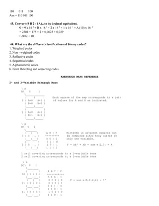 110 011 100
Ans = 110 011 100
43. Convert (9 B 2 - 1A)16 to its decimal equivalent.
N = 9 x 16 2
+ B x 16 1
+ 2 x 16 0
+ 1 x 16 -1
+ A (10) x 16 -2
= 2304 + 176 + 2 + 0.0625 + 0.039
= 2482.1 10
44. What are the different classifications of binary codes?
1. Weighted codes
2. Non - weighted codes
3. Reflective codes
4. Sequential codes
5. Alphanumeric codes
6. Error Detecting and correcting codes
KAENUAUGH MAPS REFERENCE
2- and 3-Variable Karnaugh Maps
 A
B 0 1
____________
| | | Each square of the map corresponds to a pair
0 | A=0 | A=1 | of values for A and B as indicated.
| B=0 | B=0 |
|_____|_____|
| | |
1 | A=0 | A=1 |
| B=1 | B=1 |
|_____|_____|
 A
B 0 1
_______
| | | A B | F Minterms in adjacent squares can
0 | 0 | 1 | -----+--- be combined since they differ in
|___|___| 0 0 | 0 only one variable.
| | | 0 1 | 0
1 | 0 | 1 | 1 0 | 1 F = AB' + AB = sum m(2,3) = A
|___|___| 1 1 | 1
1 cell covering corresponds to a 2-variable term
2 cell covering corresponds to a 1-variable term
 A
BC 0 1
_______
| | | A B C | F
00 | 1 | 1 | -------+---
|___|___| 0 0 0 | 1
| | | 0 0 1 | 0 F = sum m(0,2,4,6) = C'
01 | 0 | 0 | 0 1 0 | 1
|___|___| 0 1 1 | 0
| | | 1 0 0 | 1
11 | 0 | 0 | 1 0 1 | 0
|___|___| 1 1 0 | 1
 