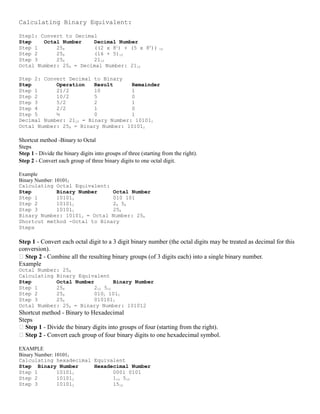 Calculating Binary Equivalent:
Step1: Convert to Decimal
Step Octal Number Decimal Number
Step 1 258 ((2 x 81
) + (5 x 80
)) 10
Step 2 258 (16 + 5)10
Step 3 258 2110
Octal Number: 258 = Decimal Number: 2110
Step 2: Convert Decimal to Binary
Step Operation Result Remainder
Step 1 21/2 10 1
Step 2 10/2 5 0
Step 3 5/2 2 1
Step 4 2/2 1 0
Step 5 ½ 0 1
Decimal Number: 2110 = Binary Number: 101012
Octal Number: 258 = Binary Number: 101012
Shortcut method -Binary to Octal
Steps
Step 1 - Divide the binary digits into groups of three (starting from the right).
Step 2 - Convert each group of three binary digits to one octal digit.
Example
Binary Number: 101012
Calculating Octal Equivalent:
Step Binary Number Octal Number
Step 1 101012 010 101
Step 2 101012 28 58
Step 3 101012 258
Binary Number: 101012 = Octal Number: 258
Shortcut method -Octal to Binary
Steps
Step 1 - Convert each octal digit to a 3 digit binary number (the octal digits may be treated as decimal for this
conversion).
 Step 2 - Combine all the resulting binary groups (of 3 digits each) into a single binary number.
Example
Octal Number: 258
Calculating Binary Equivalent
Step Octal Number Binary Number
Step 1 258 210 510
Step 2 258 0102 1012
Step 3 258 0101012
Octal Number: 258 = Binary Number: 101012
Shortcut method - Binary to Hexadecimal
Steps
 Step 1 - Divide the binary digits into groups of four (starting from the right).
 Step 2 - Convert each group of four binary digits to one hexadecimal symbol.
EXAMPLE
Binary Number: 101012
Calculating hexadecimal Equivalent
Step Binary Number Hexadecimal Number
Step 1 101012 0001 0101
Step 2 101012 110 510
Step 3 101012 1516
 
