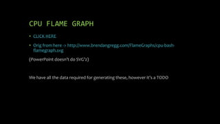 CPU FLAME GRAPH
• CLICK HERE
• Orig from here -> http://www.brendangregg.com/FlameGraphs/cpu-bash-
flamegraph.svg
(PowerPoint doesn’t do SVG’z)
We have all the data required for generating these, however it’s a TODO
 