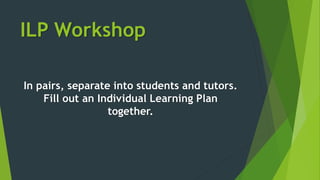 ILP Workshop
In pairs, separate into students and tutors.
Fill out an Individual Learning Plan
together.
 