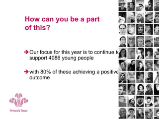 How can you be a part
of this?
Our focus for this year is to continue to
support 4086 young people
with 80% of these achieving a positive
outcome
 