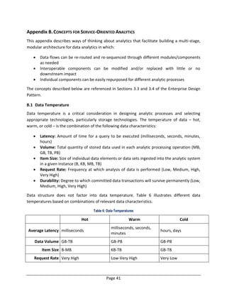Page 41
Appendix B.CONCEPTS FOR SERVICE-ORIENTED ANALYTICS
This appendix describes ways of thinking about analytics that facilitate building a multi-stage,
modular architecture for data analytics in which:
 Data flows can be re-routed and re-sequenced through different modules/components
as needed
 Interoperable components can be modified and/or replaced with little or no
downstream impact
 Individual components can be easily repurposed for different analytic processes
The concepts described below are referenced in Sections 3.3 and 3.4 of the Enterprise Design
Pattern.
B.1 Data Temperature
Data temperature is a critical consideration in designing analytic processes and selecting
appropriate technologies, particularly storage technologies. The temperature of data – hot,
warm, or cold – is the combination of the following data characteristics:
 Latency: Amount of time for a query to be executed (milliseconds, seconds, minutes,
hours)
 Volume: Total quantity of stored data used in each analytic processing operation (MB,
GB, TB, PB)
 Item Size: Size of individual data elements or data sets ingested into the analytic system
in a given instance (B, KB, MB, TB)
 Request Rate: Frequency at which analysis of data is performed (Low, Medium, High,
Very High)
 Durability: Degree to which committed data transactions will survive permanently (Low,
Medium, High, Very High)
Data structure does not factor into data temperature. Table 6 illustrates different data
temperatures based on combinations of relevant data characteristics.
Table 6: Data Temperatures
Hot Warm Cold
Average Latency milliseconds
milliseconds, seconds,
minutes
hours, days
Data Volume GB-TB GB-PB GB-PB
Item Size B-MB KB-TB GB-TB
Request Rate Very High Low-Very High Very Low
 