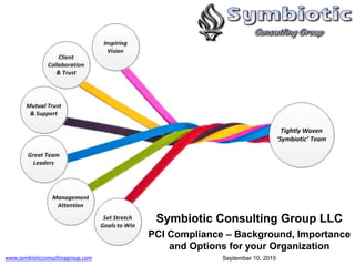 Symbiotic Consulting Group LLC
PCI Compliance – Background, Importance
and Options for your Organization
September 10, 2015www.symbioticconsultinggroup.com
 