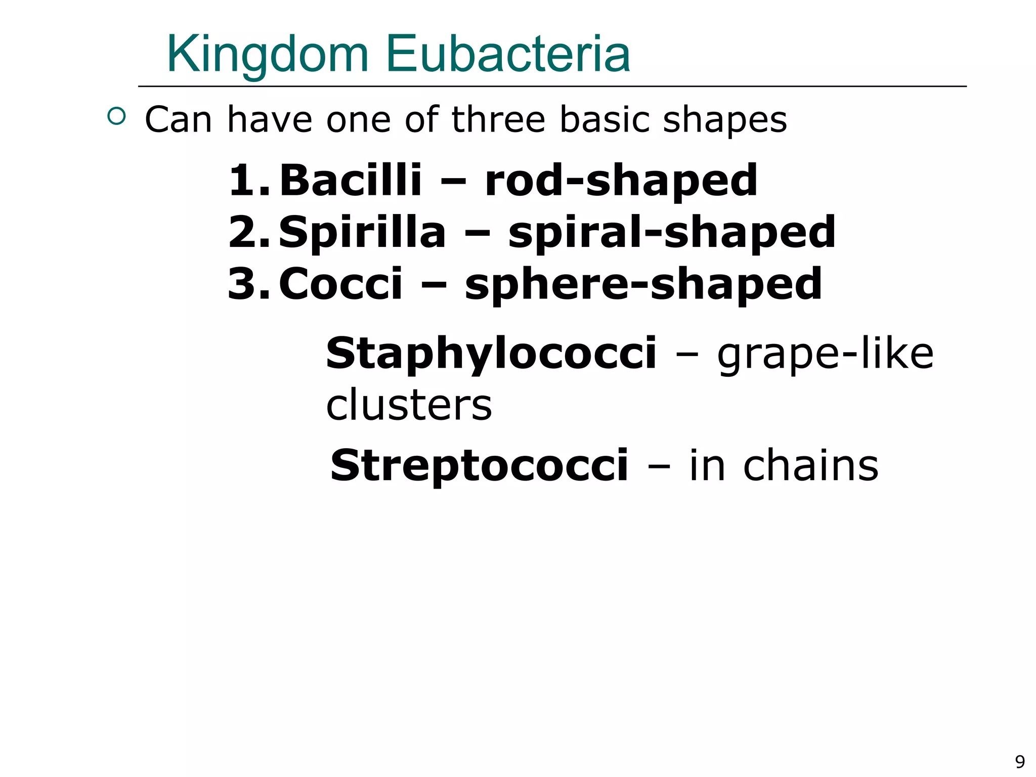 9
Kingdom Eubacteria
 Can have one of three basic shapes
1.Bacilli – rod-shaped
2.Spirilla – spiral-shaped
3.Cocci – sphere-shaped
Streptococci – in chains
Staphylococci – grape-like
clusters
 