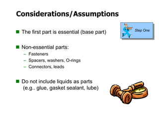 Considerations/Assumptions
 The first part is essential (base part)
 Non-essential parts:
– Fasteners
– Spacers, washers, O-rings
– Connectors, leads
 Do not include liquids as parts
(e.g.. glue, gasket sealant, lube)
Step One
 